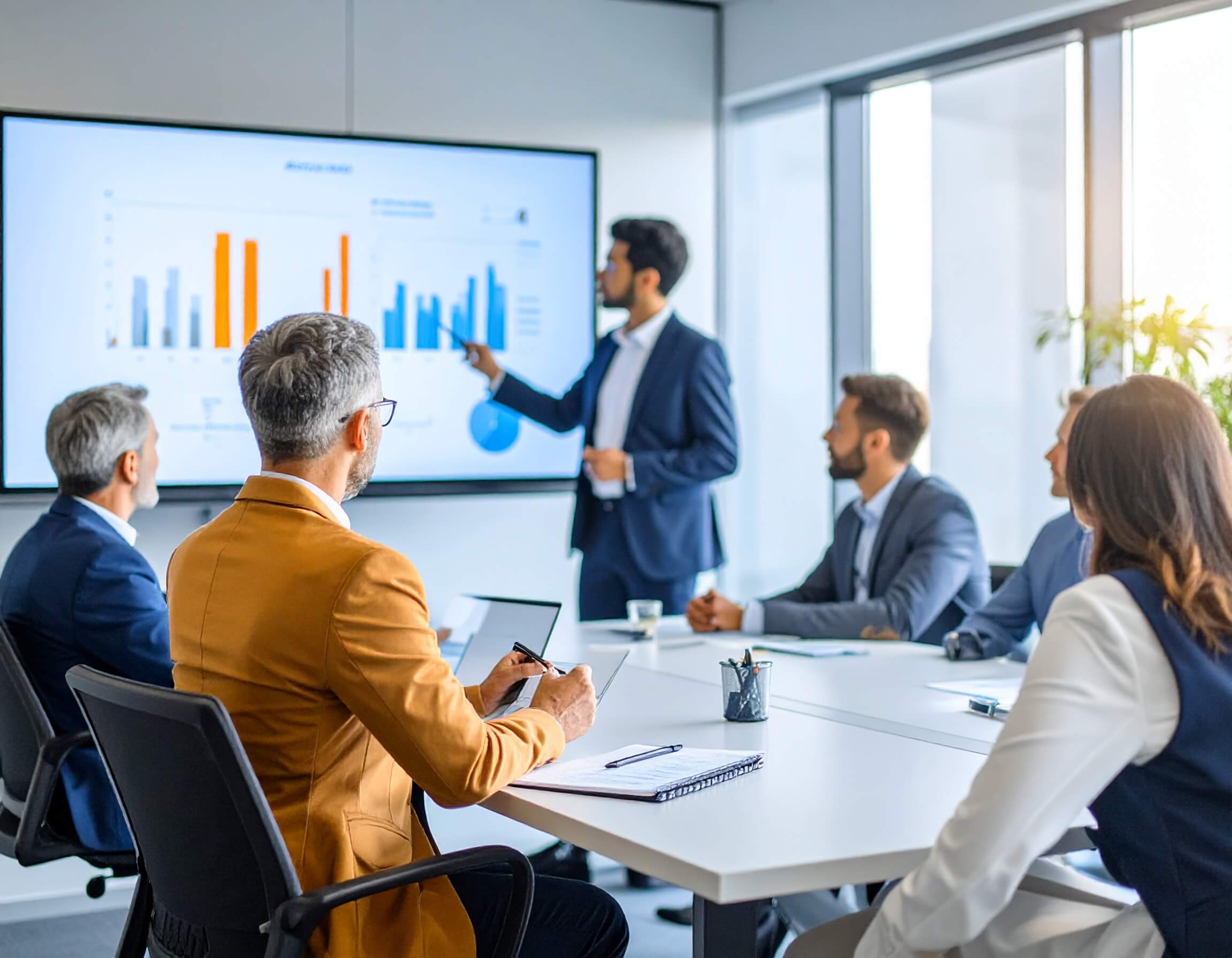 A group of people sitting in a business meeting, an ecommerce consultant presenting ecommerce discovery findings on a digital screen