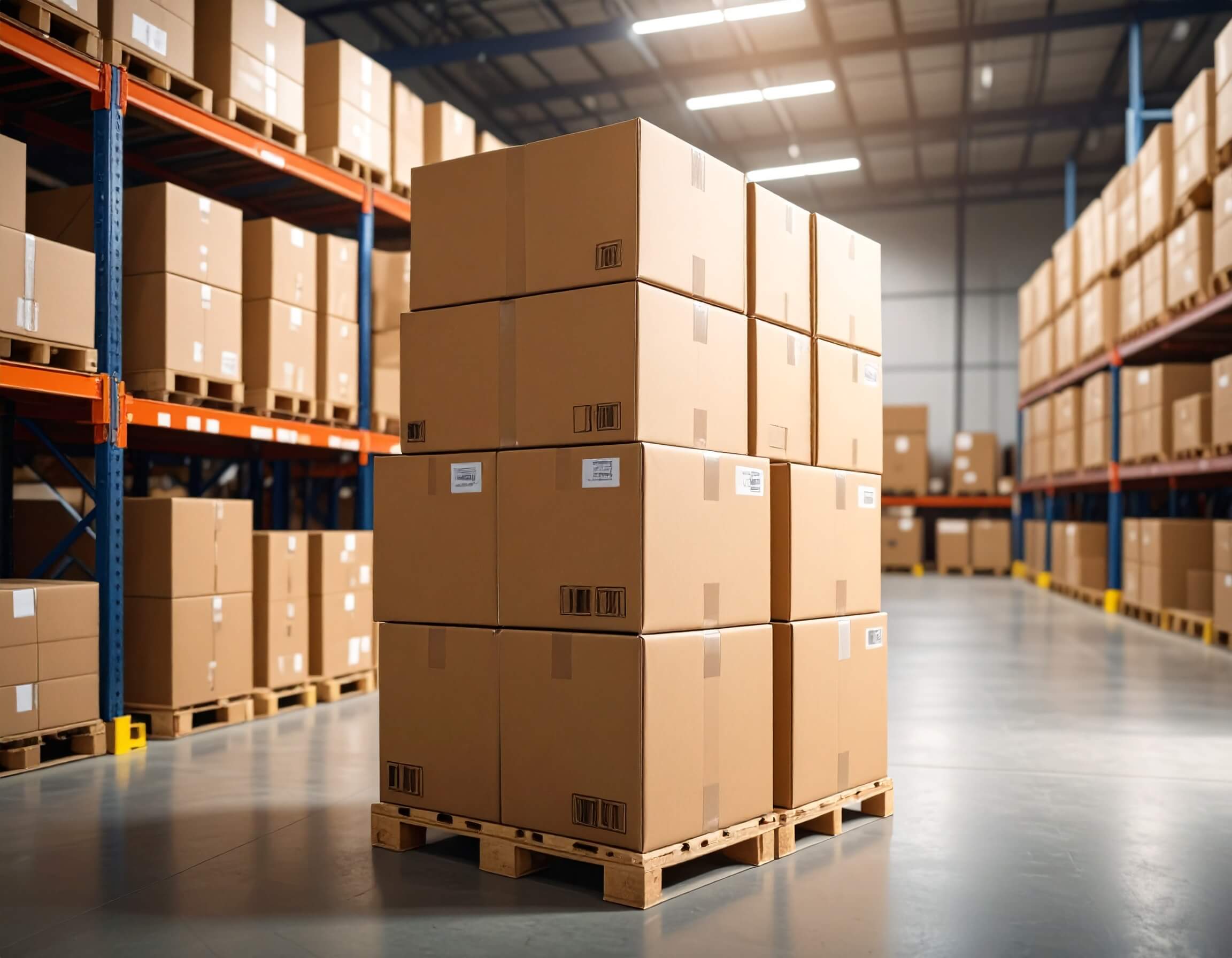 A warehouse with a pallet of boxes in the foreground with other pallets on shelving in the background, respresenting ecommerce scaling and growth