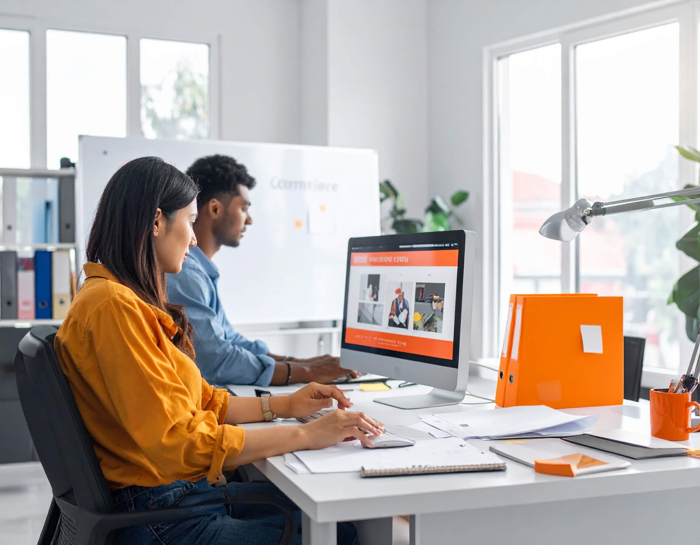 Two ecommerce specialists working in an ecommerce and digital marketing agency office working on affiliate marketing and CRO