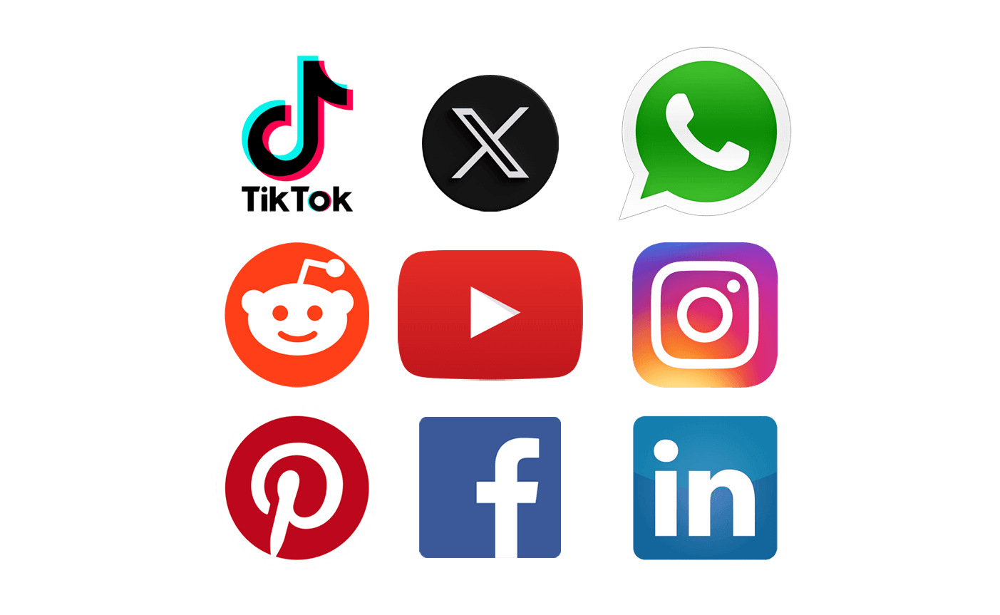 Social media for ecommerce - TikTok, X, WhatsApp, Reddit, Youtube, Instagram, Pinterest, Facebook, and LinkedIn logos