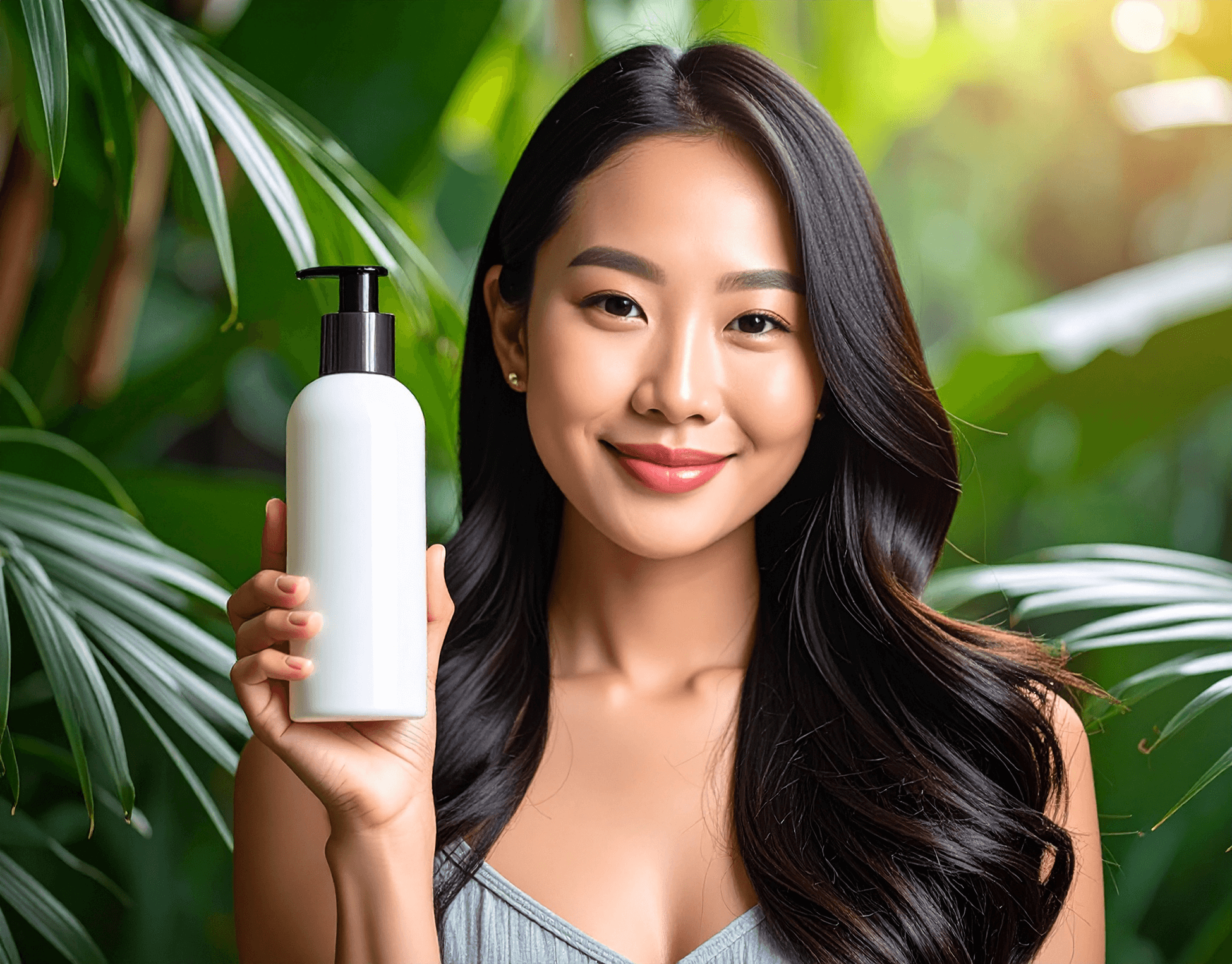 ecommerce-smart-ai-ugc AI-generated UGC of a woman holding a shampoo bottle